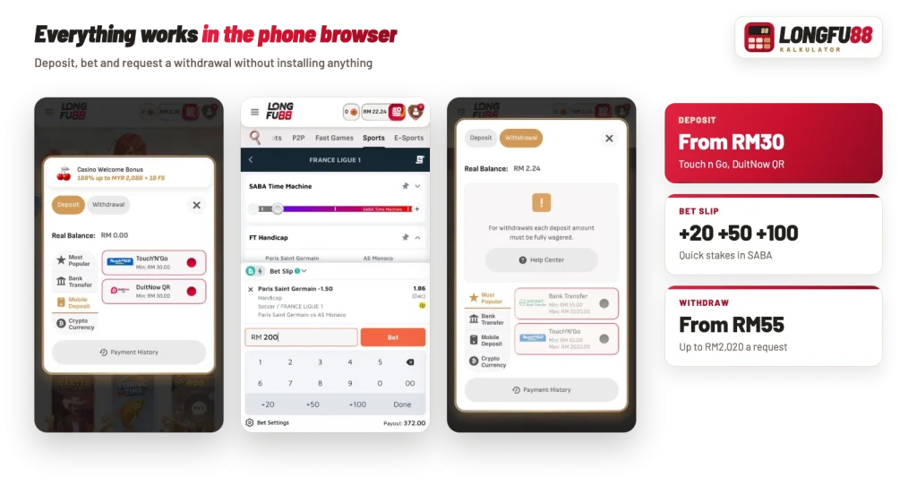 Longfu88 in a phone browser: mobile deposit tab, SABA bet slip and withdrawal screen