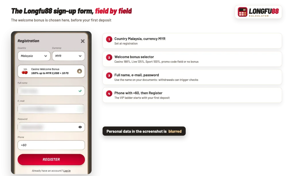 Longfu88 registration form for Malaysia with MYR currency, welcome bonus selector and +60 phone field, personal data blurred