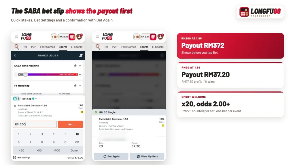 Slip pertaruhan SABA Longfu88 dengan pad nombor, taruhan pantas dan taruhan tunggal RM20 yang membayar RM37.20, ID dikaburkan